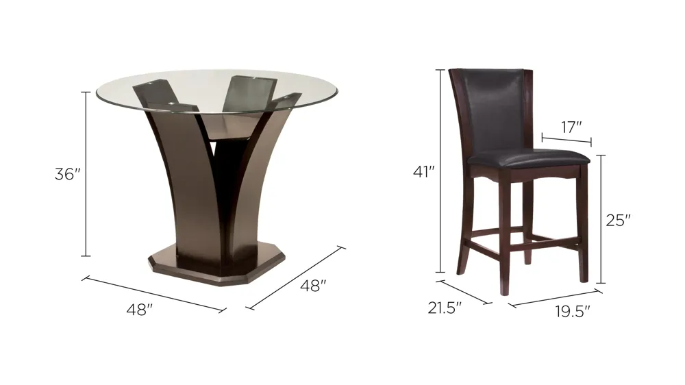 Venice 5-pc 48" Glass Counter-Height Dining Set Dimensions
