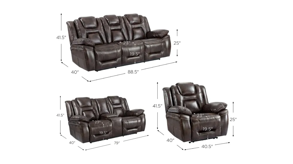 Oportuna 3-pc. Sofa, Loveseat, & Recliner Set Dimensions