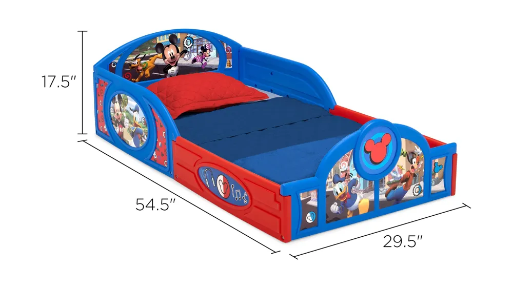 Disney Mickey Mouse Sleep and Play Toddler Bed with Attached Guardrails by Delta Children Dimensions
