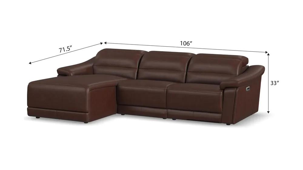 Tucker 3-pc. Triple Power Leather Sofa Chaise Dimensions