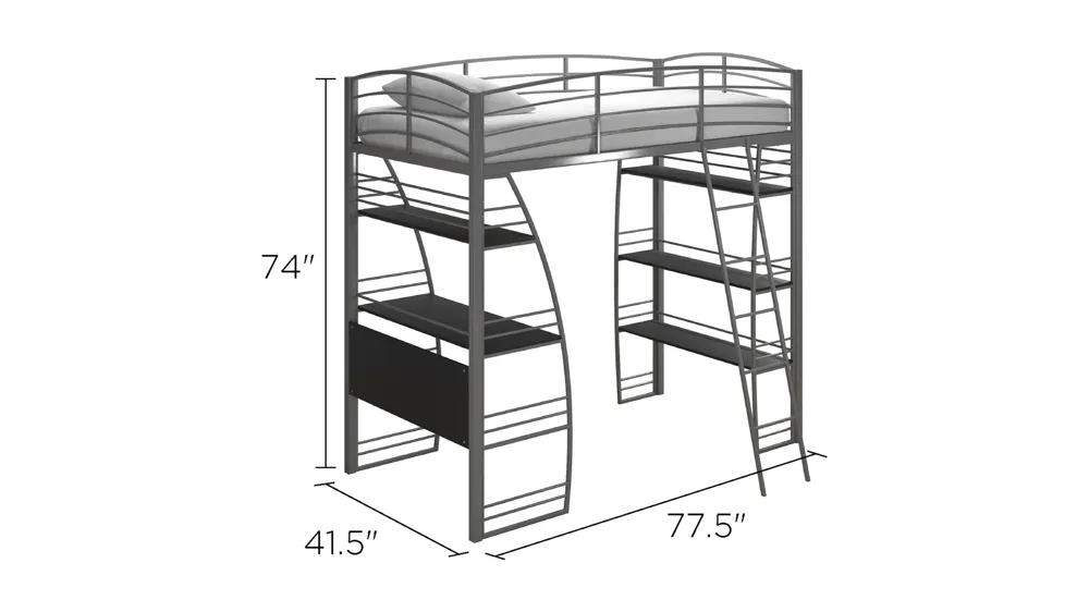 Studio Loft Bed with Desk & Shelves Dimensions