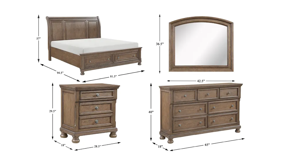 Donegan 4-pc. Sleigh Platform Storage Bedroom Set Dimensions