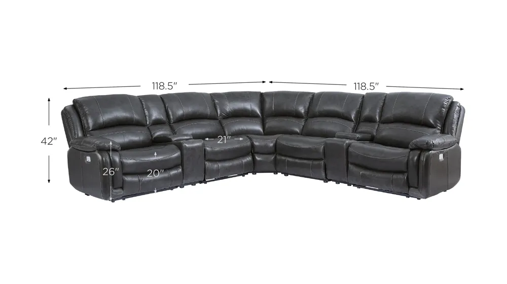 Denver Power 7-pc. Leather Reclining Sectional Dimensions