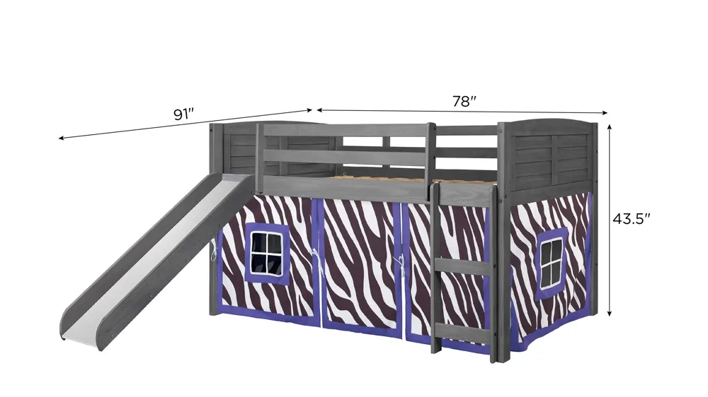 Donco Louver Low Loft Bed with Slide & Zebra Print Tent Dimensions