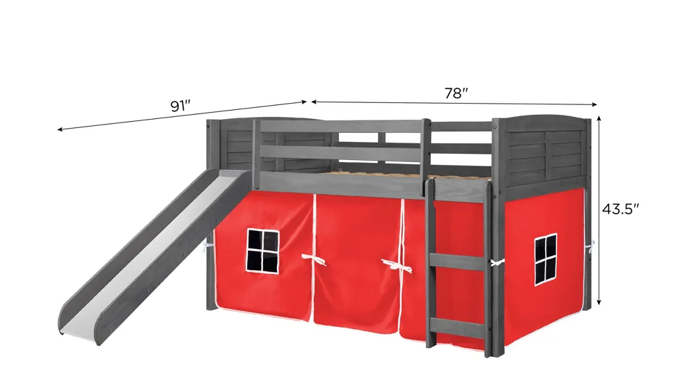 Donco Louver Low Loft Bed with Slide & Red Tent Dimensions