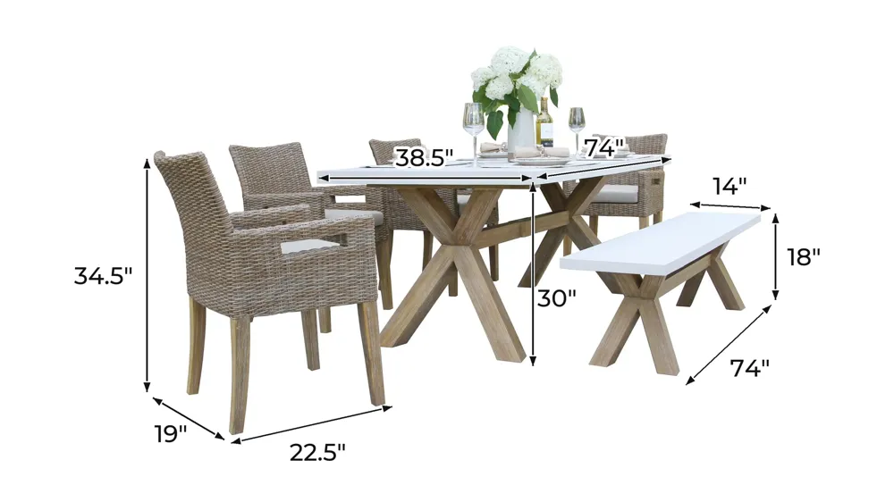 Nautical 6-pc. Wicker and Eucalyptus Rectangle Outdoor Dining Set Dimensions