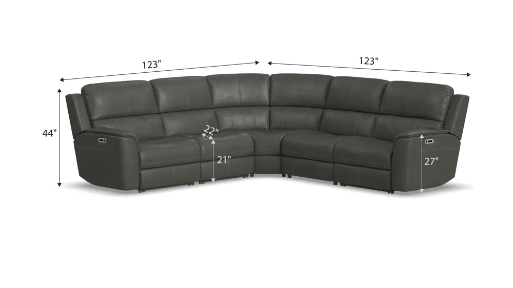 Henrick 5-pc. Triple Power Leather Sectional Dimensions