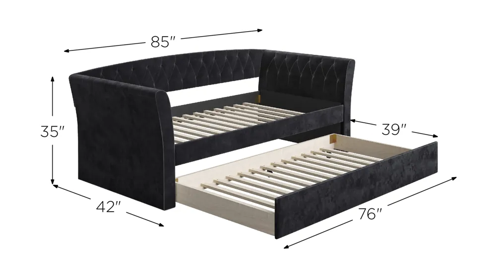 Kingston Velour Daybed with Rolling Trundle Set Dimensions