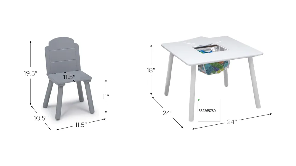 Finn Table and Two Chair Set with Storage by Delta Children Dimensions