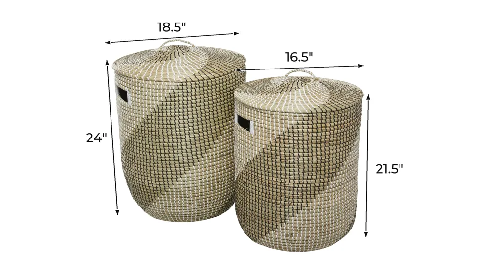 Ivy Collection Set of 2 Striped Water Hyacinth Lidded Baskets Dimensions