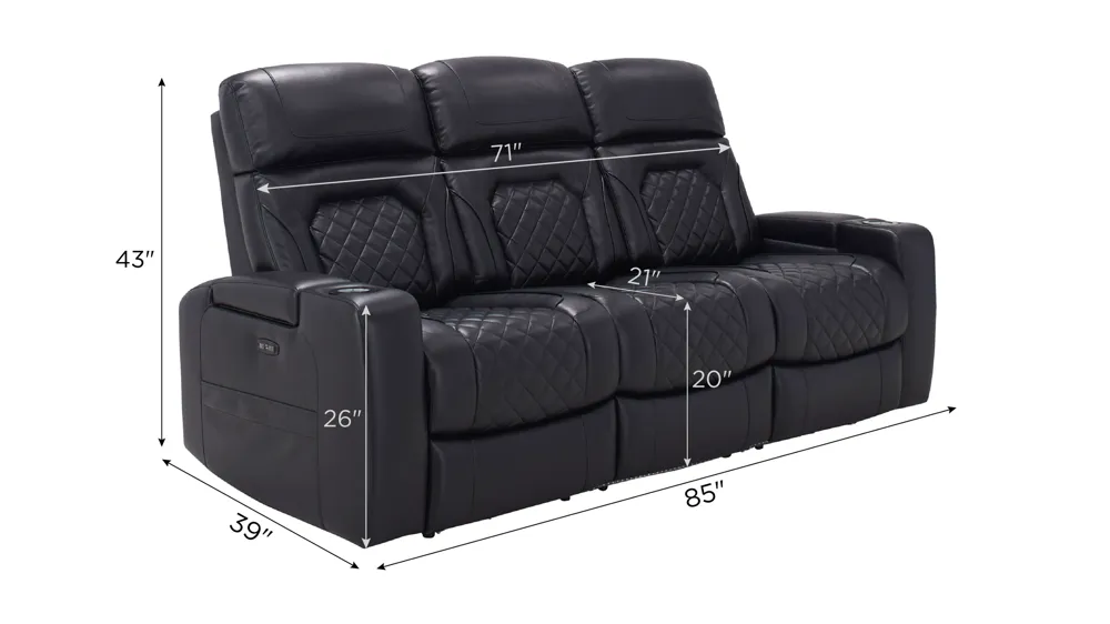 Jordyn Power Sofa w/ Drop Down Table & Lights Dimensions