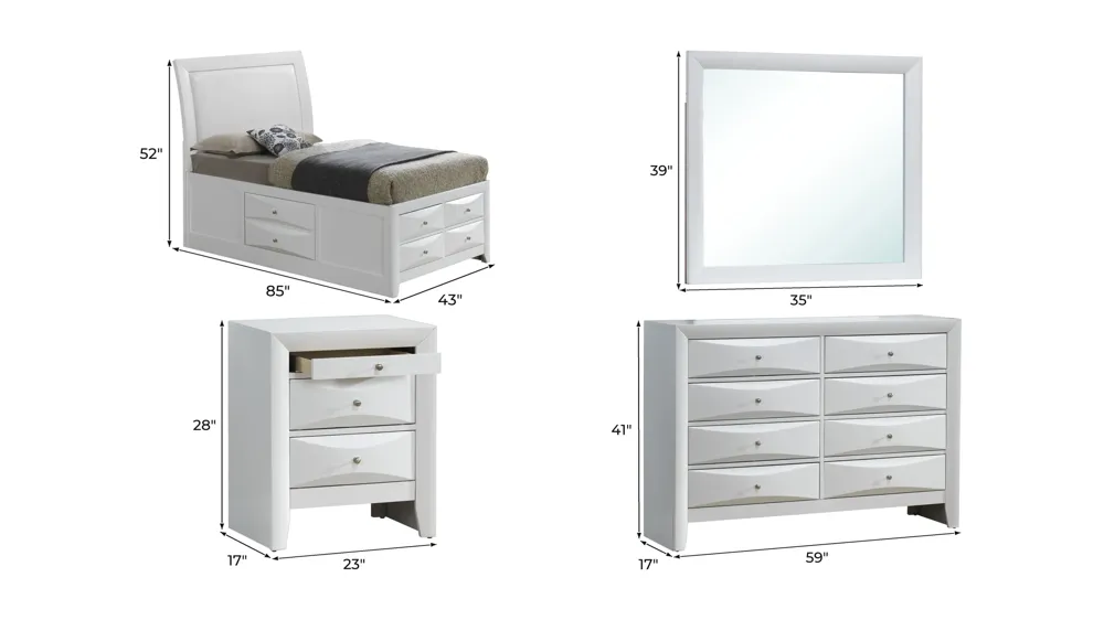 Marilla 4-pc. Upholstered Captain's Bedroom Set Dimensions