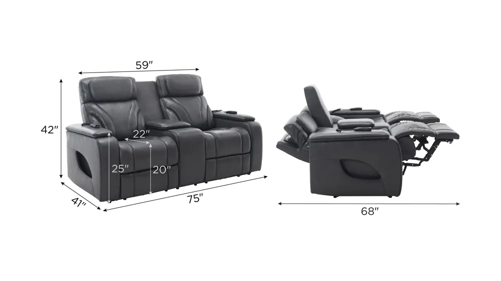 Avis Zero Gravity Power Console Loveseat w/ Power Headrest, Lumbar, Heat and Massage Dimensions
