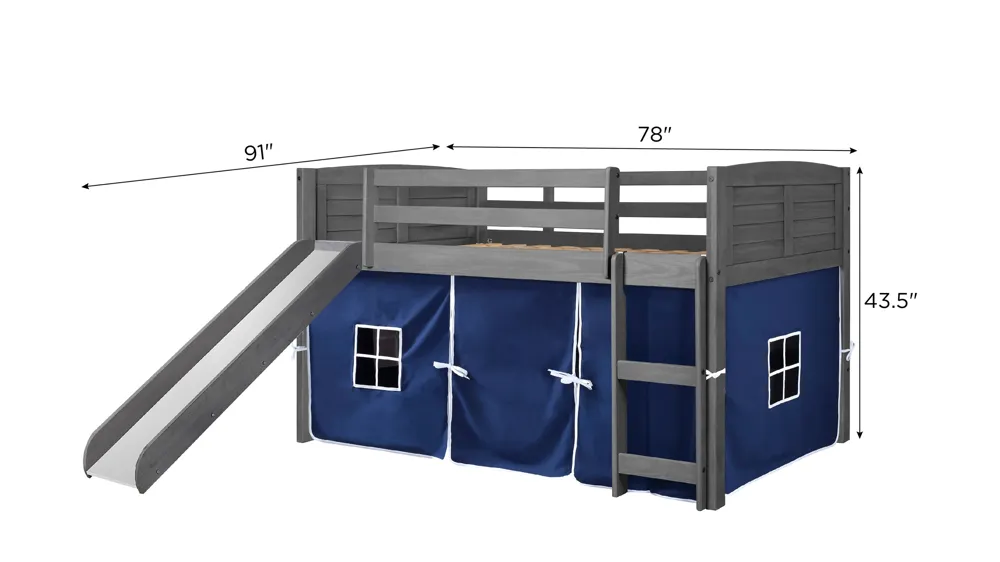 Donco Low Loft Bed with Slide & Blue Tent Dimensions