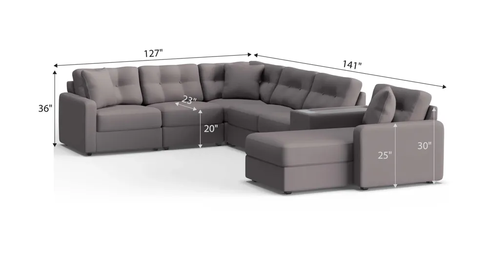 ModularOne 7-pc. Sectional w/One Power Console Dimensions