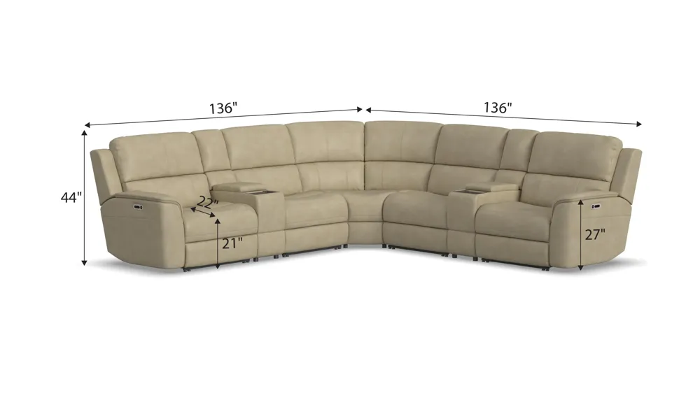 Henrick 7-pc. Triple Power Leather Sectional Dimensions