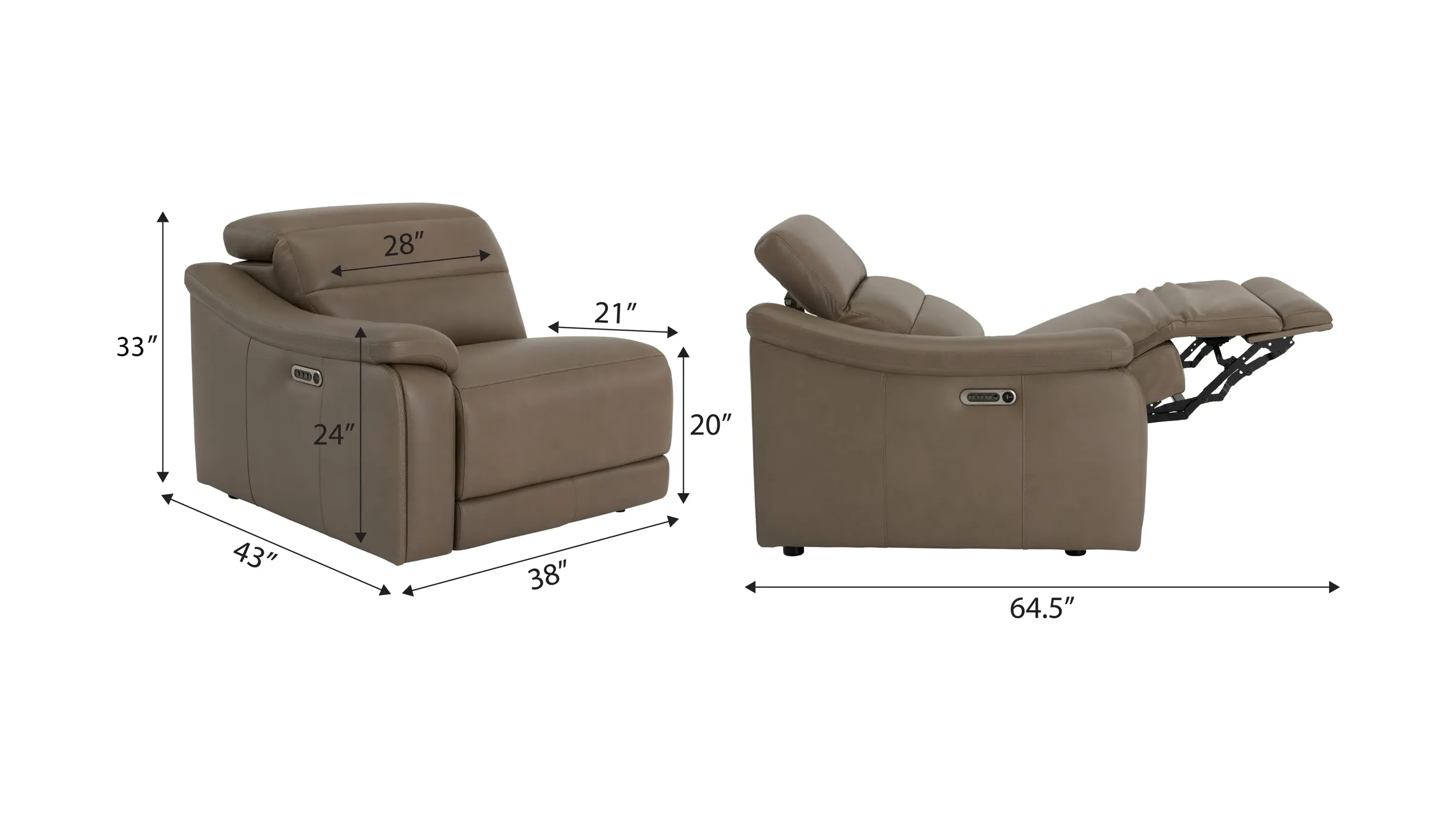 Tucker Left Arm Facing Triple Power Leather Recliner | Raymour