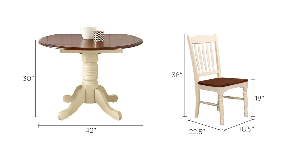 British Isles 3-pc. Round Double Drop-Leaf Slatback Dining Set Dimensions