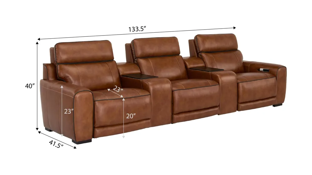 Titan 5-pc. Triple Power Leather Sectional w/ Immersive Entertainment, Heat & Massage Dimensions