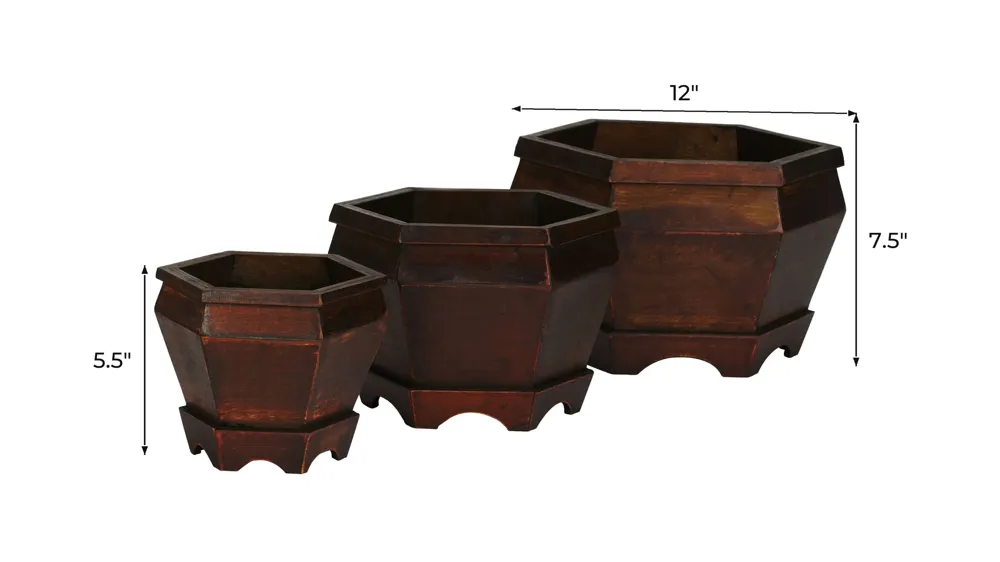 Wooden Hexagon Decorative Planter: Set of 3 Dimensions