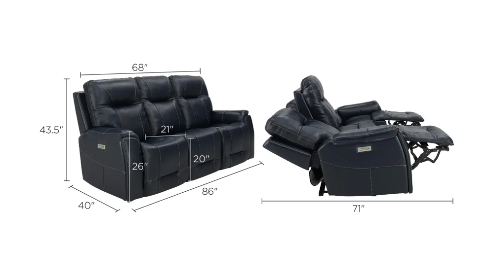 Barnett Leather Layflat Power Sofa w/ Power Headrest and Lumbar Dimensions