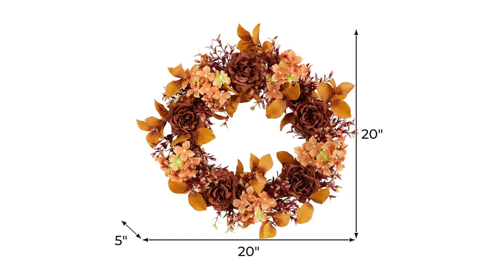 20in. Autumn Rose and Hydrangea Fall Artificial Wreath Dimensions