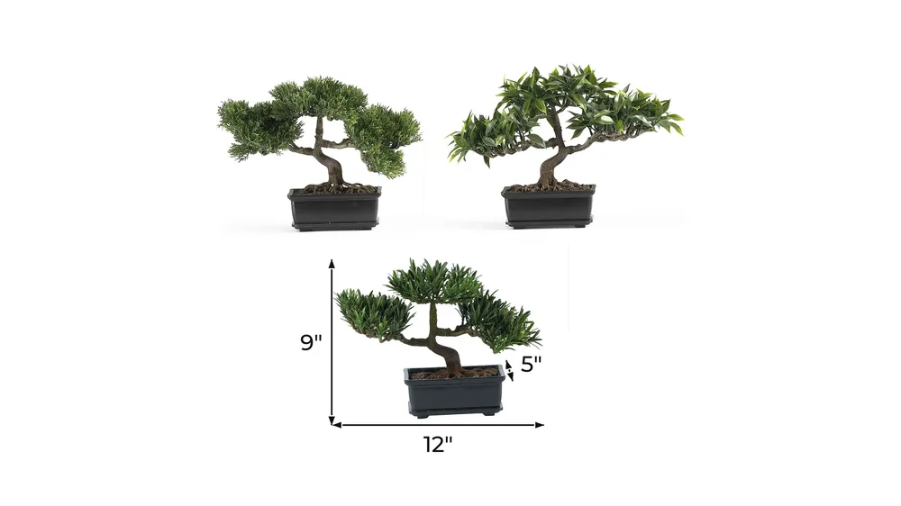 12in. Bonsai Silk Plant Collection (Set of 3) Dimensions