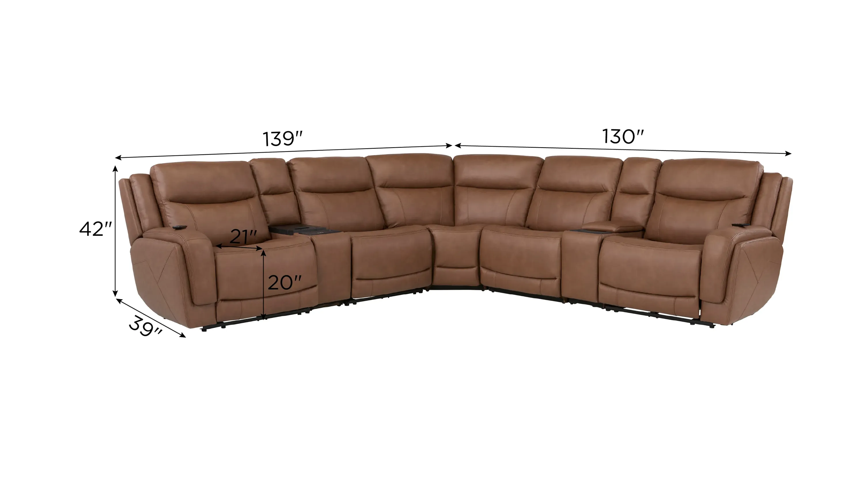 エイザイムローフードビレガ Harbin 7-pc. Leather Triple Power Sectional w/ Cooler Console