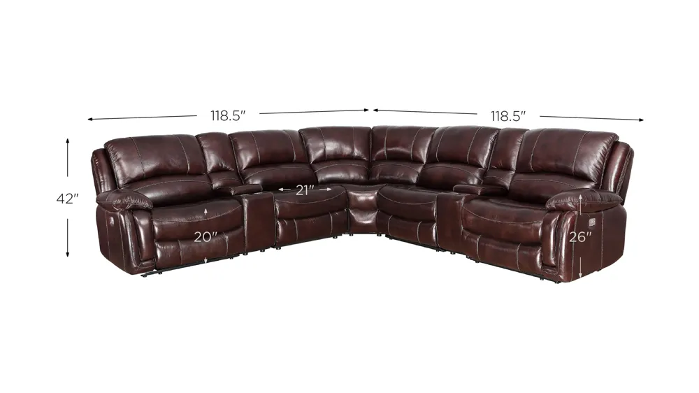 Denver Power 7-pc. Leather Reclining Sectional Dimensions