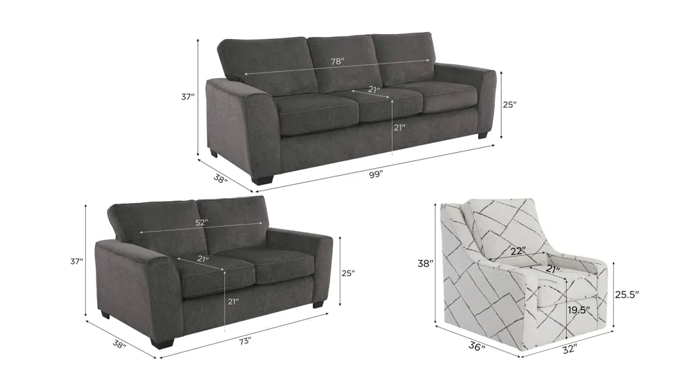 Bray 3-pc. Living Room Set Dimensions