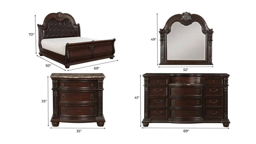 Palace 4-pc. Upholstered Bedroom Set Dimensions
