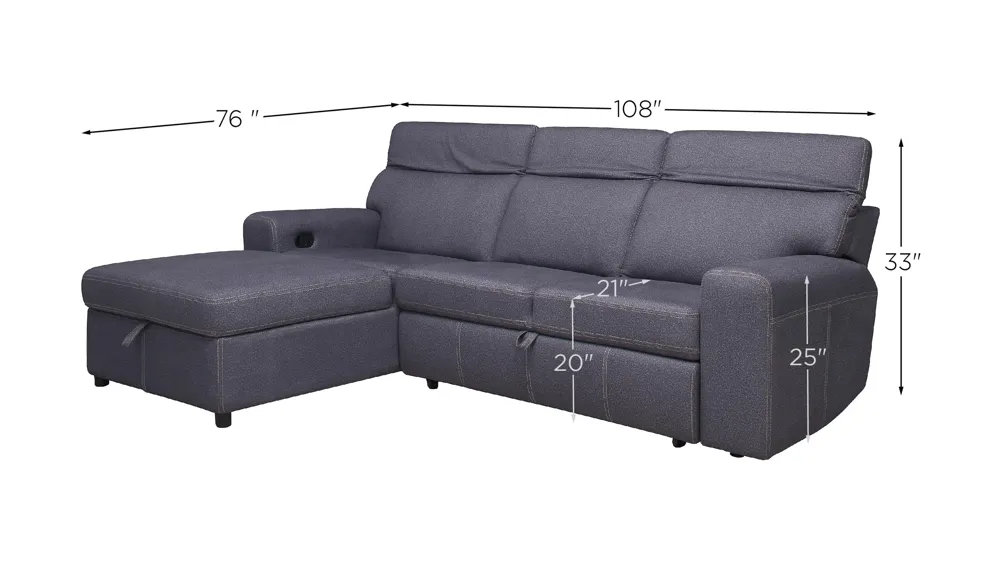 Aspen 2-pc. Left Arm Facing Sofa Chaise w/ Pop-Up Sleeper and Ratchet Headrest Dimensions