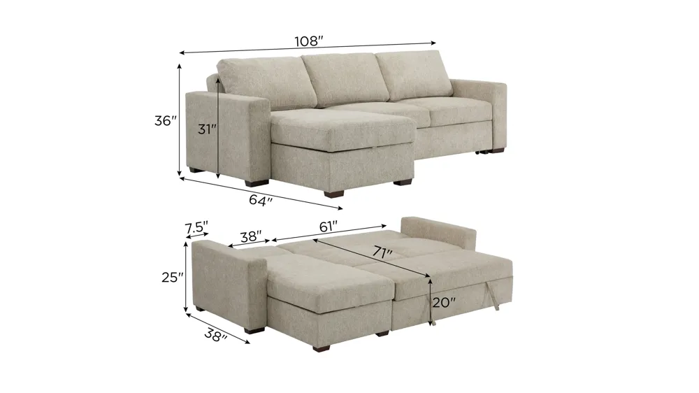 Juniper 3-pc. Reversible Pop-Up Sleeper Sofa Chaise Dimensions