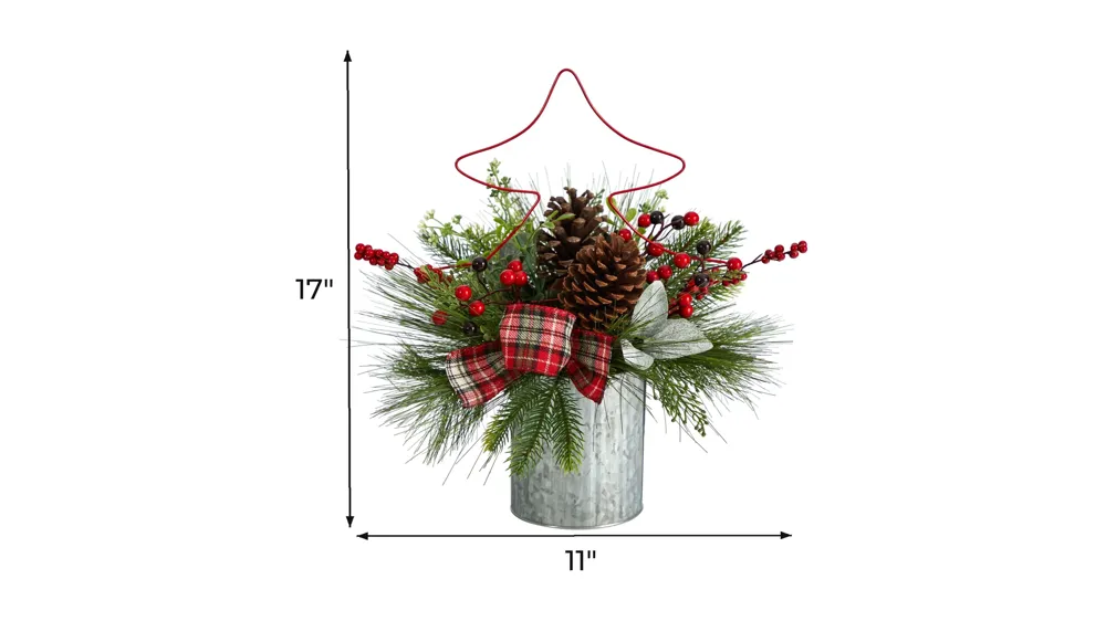 17" Holiday Foliage Artificial Arrangement with Metal Vase Dimensions