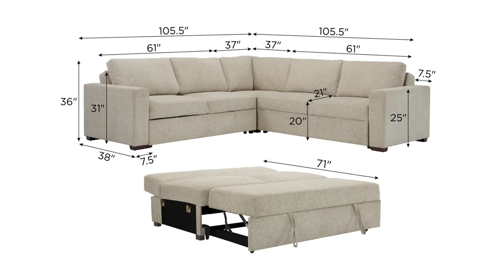 Juniper 4-pc. Reversible Pop-Up Sleeper Sectional Dimensions