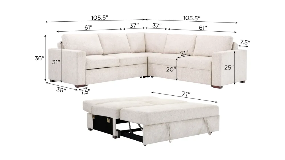 Juniper 4-pc. Reversible Pop-Up Sleeper Sectional Dimensions