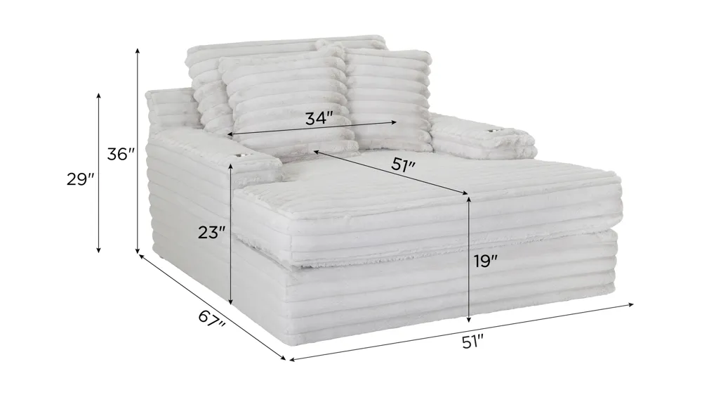 Woolly Small Chaise w/ Dual Cup Holders and USB Dimensions
