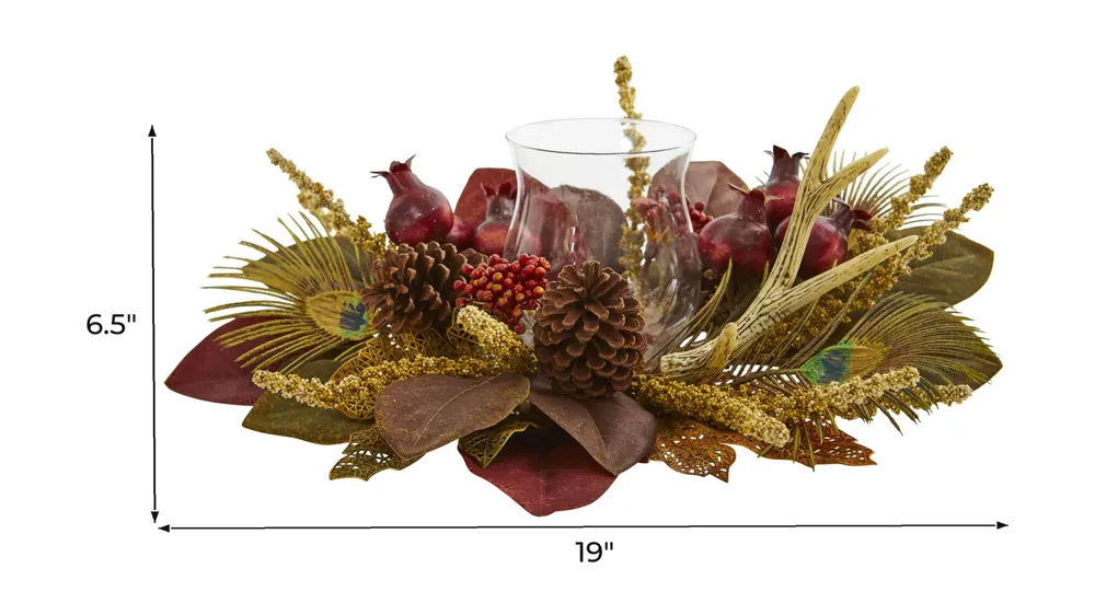 Magnolia, Berry, Antler and Peacock Feather Artificial Candelabrum Arrangement Dimensions