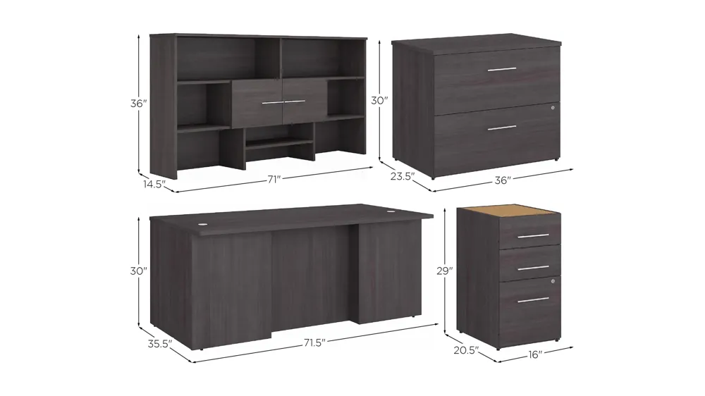 Office 500 72W x 36D Executive Desk w/ Drawers, Lateral File Cabinets & Hutch Dimensions