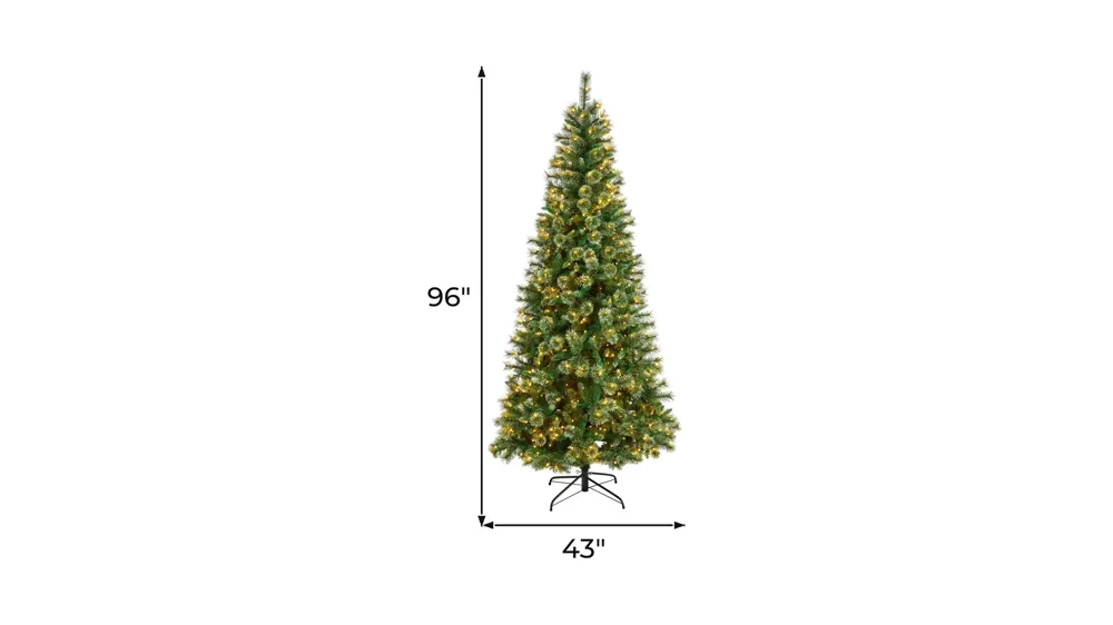 8' Wisconsin Slim Snow Tip Artificial Christmas Tree with Clear LED Lights and Bendable Branches Dimensions