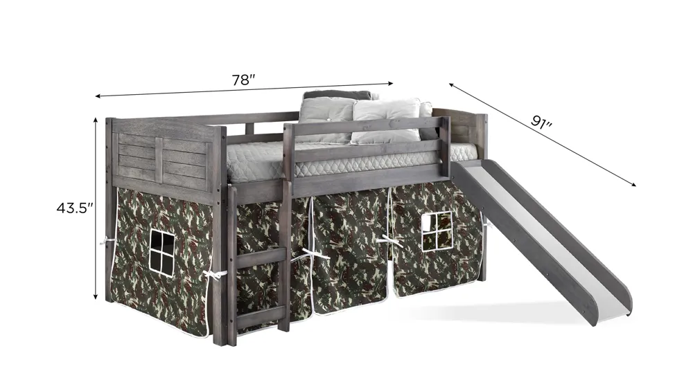 Donco Low Loft Bed with Slide & Camo Print Tent Dimensions