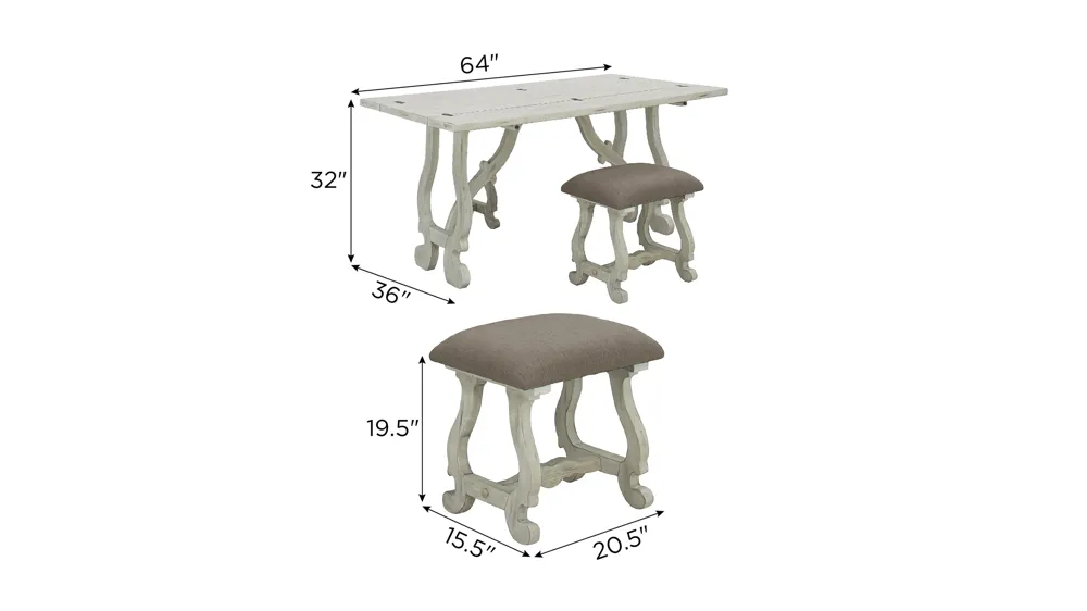 Kathleen Fold-Out Console Table w/ Stools Dimensions