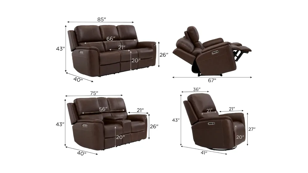Henrick Triple Power Leather Living Room Set Dimensions