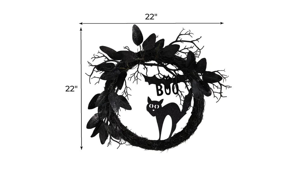 22" Halloween Foliage Black Cat Twig Wreath Dimensions