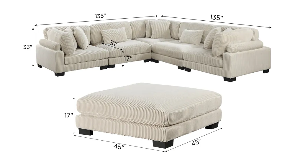 Maverick 5-pc. Sectional w/ Cocktail Ottoman Dimensions