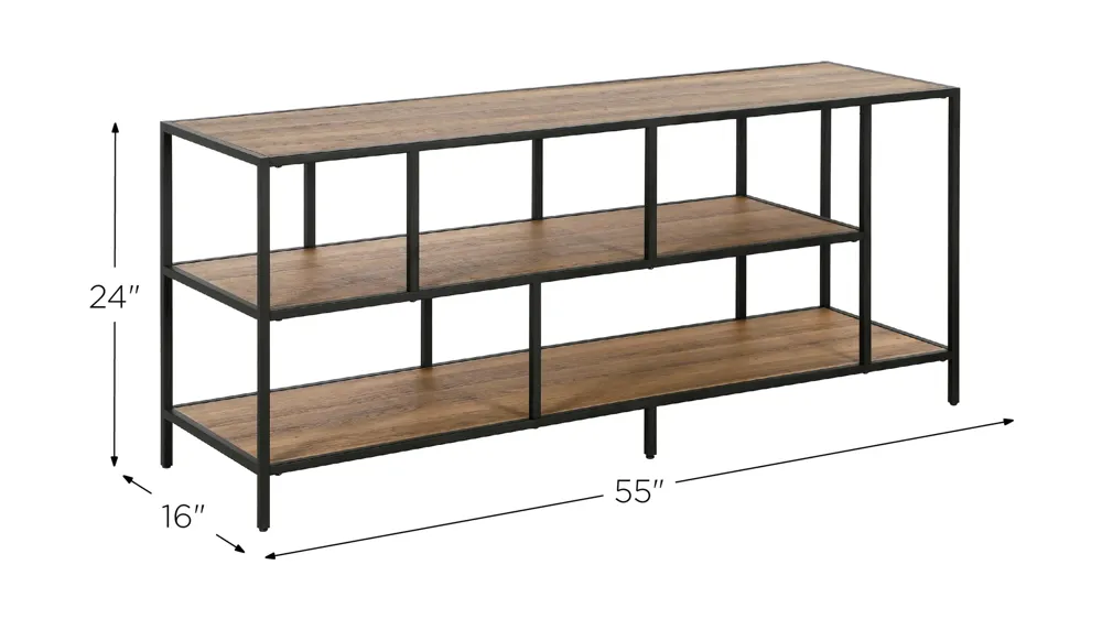 Zinnia 55" TV Stand with Rustic Oak Shelves Dimensions