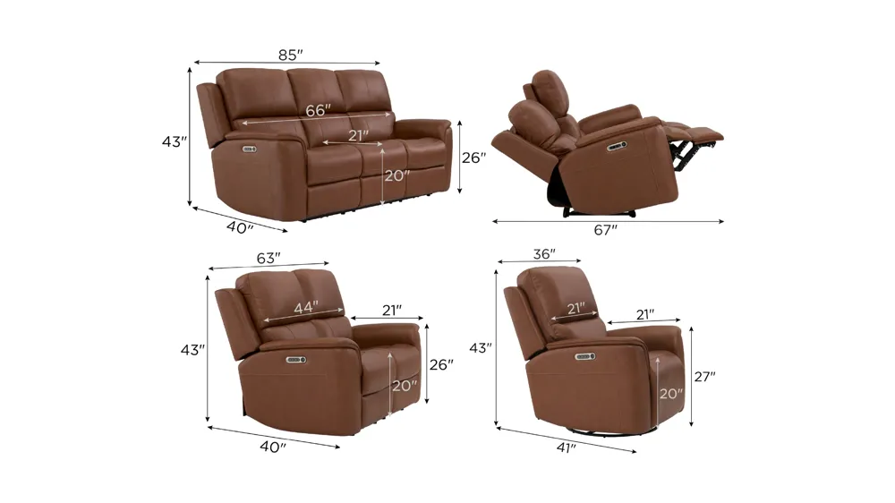 Henrick Triple Power Leather Living Room Set Dimensions
