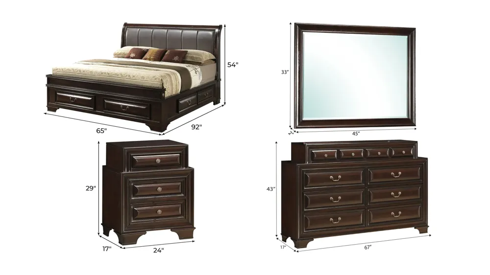 Sarasota Upholstered 4-pc. Storage Bedroom Set Dimensions