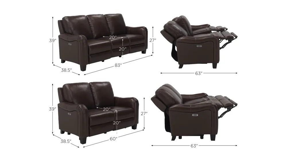 Dillon Leather Power-Reclining 2-pc. Sofa and Loveseat Set Dimensions
