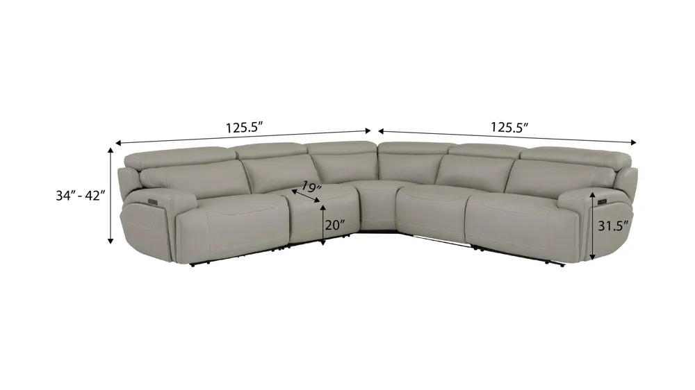 Westmore 5-pc. Dual Power Leather Sectional Dimensions